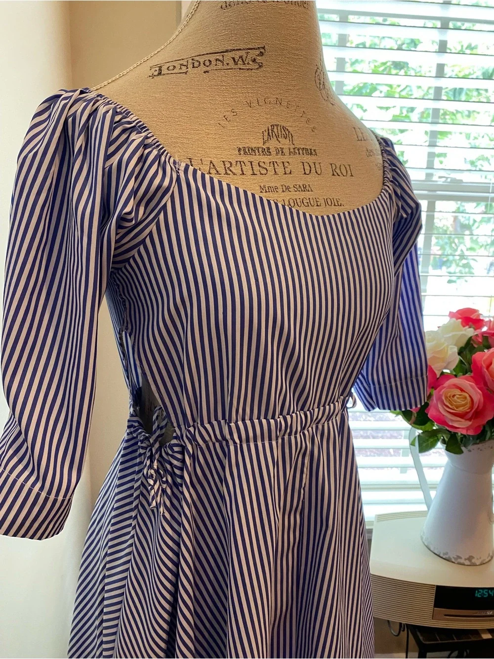 Blue and White Striped Midi Dress with Square Neck and Tie Waist - Picture 3 of 6